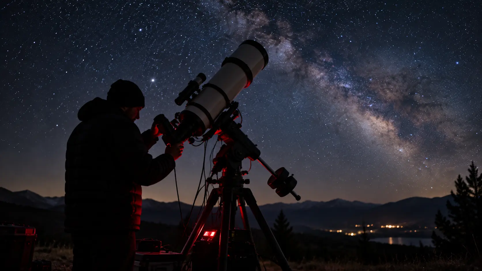 Astrophotographer working at a telescope under the Milky Way by red headlamp light