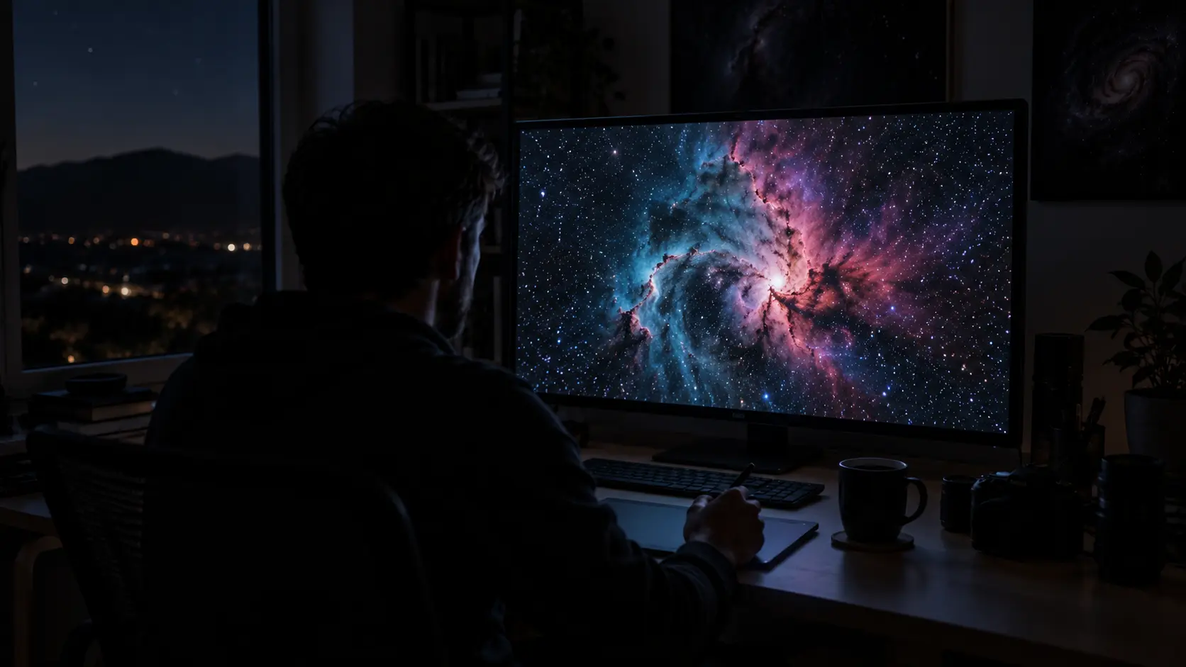 Editing a stacked nebula image on a large monitor in a dark home office