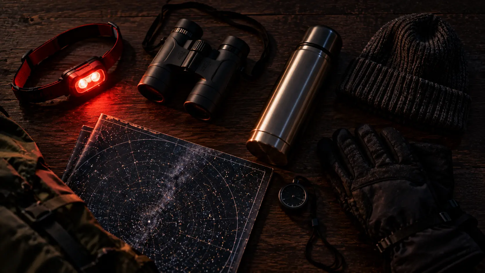 Dark-sky trip gear on a wooden table: red headlamp, binoculars, flask, star chart, gloves and beanie